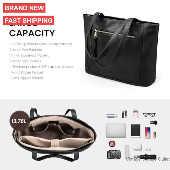 Genuine Leather Tote Bag with Laptop Compartment Work Purse - Picture 4 of 7